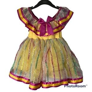Revolution dance wear yellow & pink outfit costume, MC, 2 hair bows, lace trim.